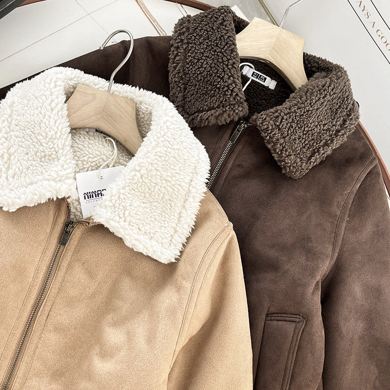 Damen-Wildlederimitat-Jacke mit Lammfell-Optik und Revers