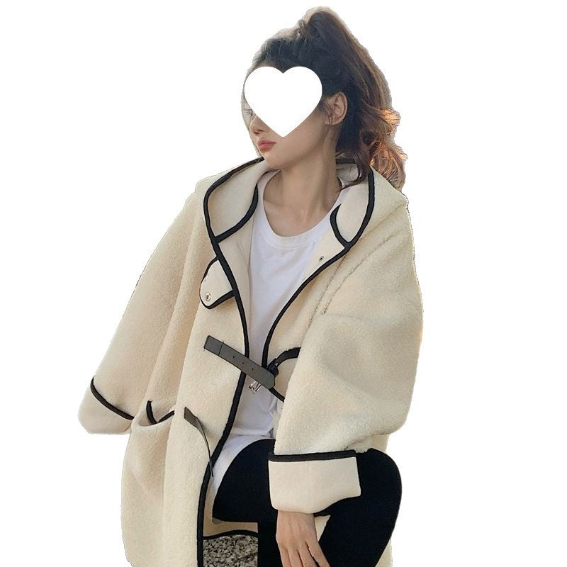 Lammfleece-Imitat Mantel mit Kapuze, mittellang