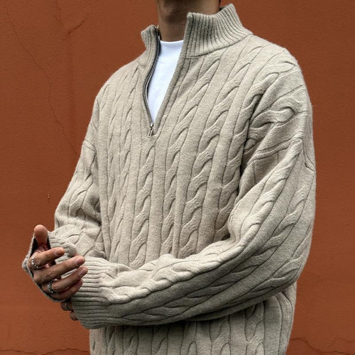 Herren-Strickpullover mit Zopfmuster und Reißverschluss