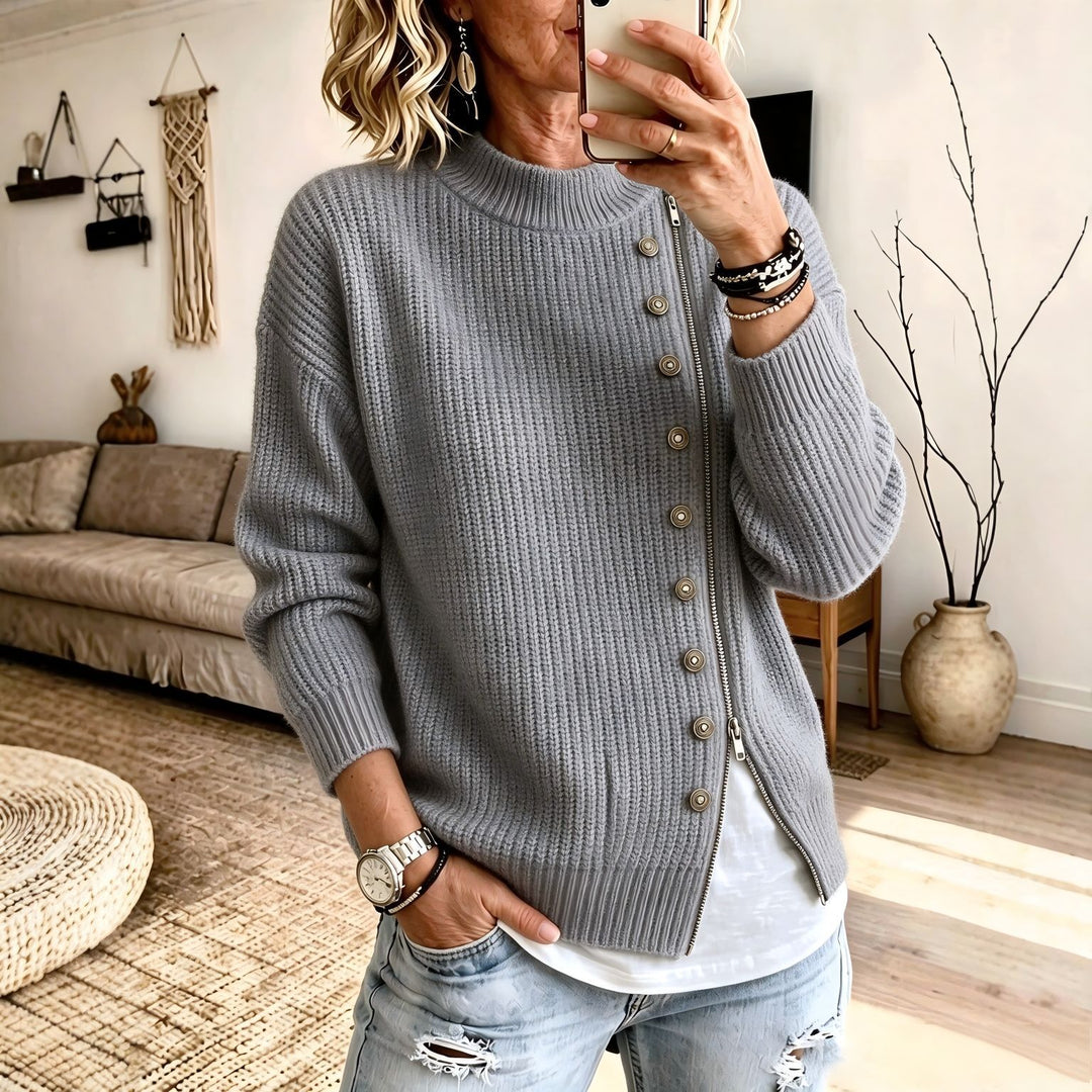 Damen-Strickpullover mit asymmetrischem Reißverschluss