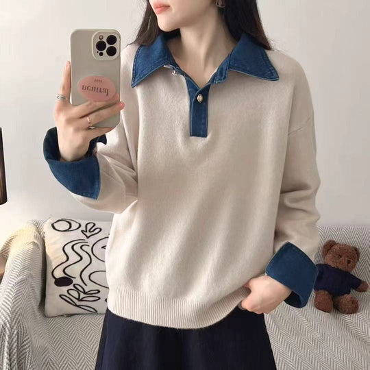 Damen-Strickpullover mit Polo-Kragen und Jeans-Ärmeln