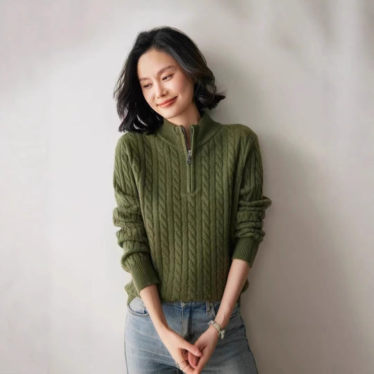 Damen-Strickpullover mit Reißverschluss und Zopfmuster