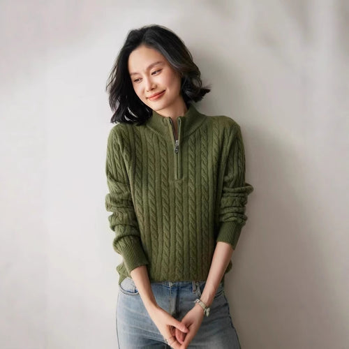 Damen-Strickpullover mit Reißverschluss und Zopfmuster