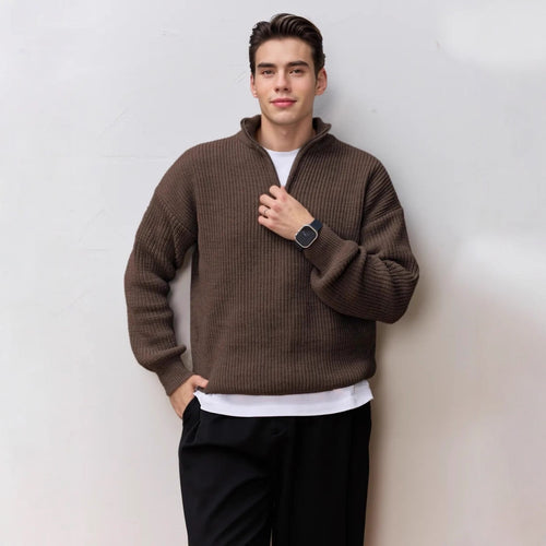 Herren-Strickpullover mit Stehkragen und halbem Reißverschluss