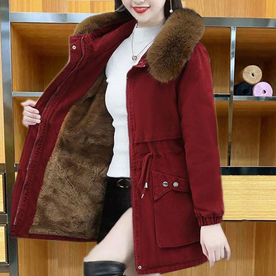 Damen-Parka, mittellang, mit Lammfellfutter und Wattierung