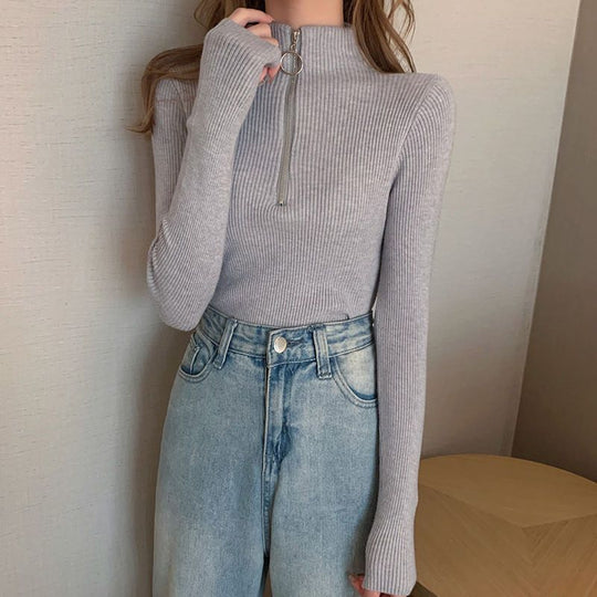 Damen-Strickpullover mit Stehkragen und Reißverschluss