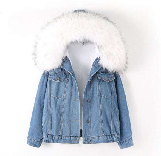 Gefütterte Jeansjacke mit großem Fellkragen