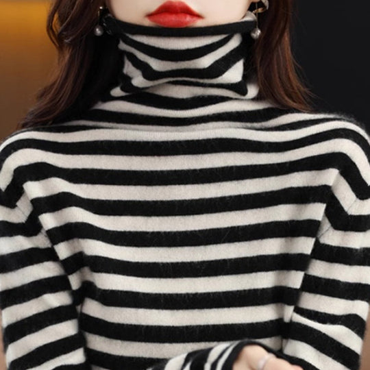Damen-Strickpullover, gestreift, Stehkragen