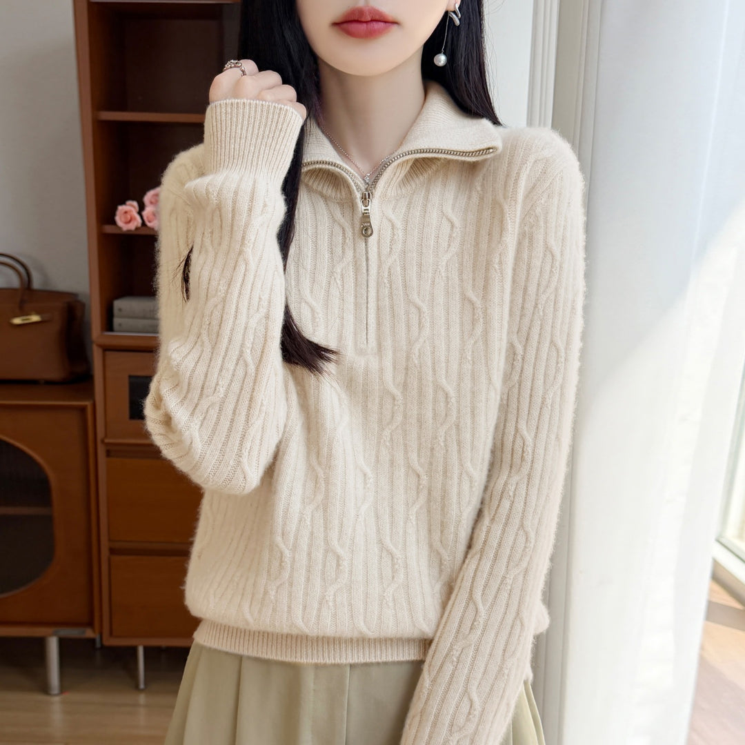 Damen-Wollpullover mit Reißverschluss und Zopfmuster