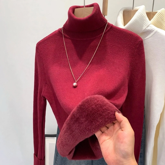Gefütterter Damen-Rollkragenpullover, gestrickt, schmal geschnitten