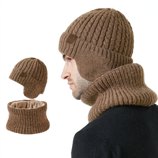 Unisex Strickmütze und Schal Set, warm, mit Ohrenschutz