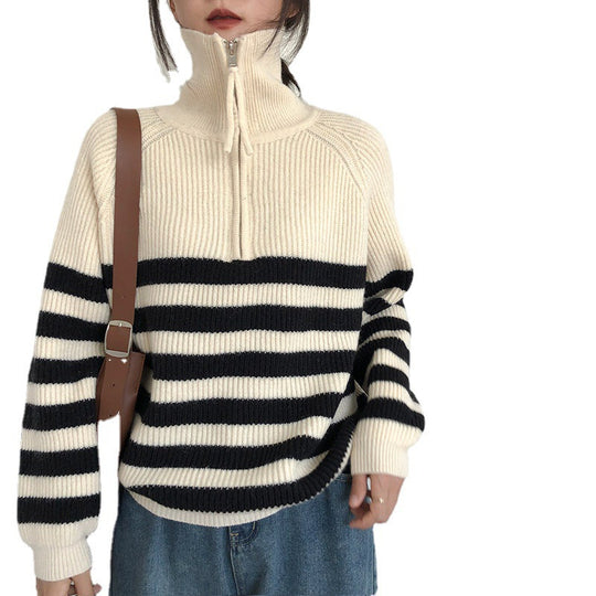 Damen-Strickjacke mit Reißverschluss und Streifenmuster