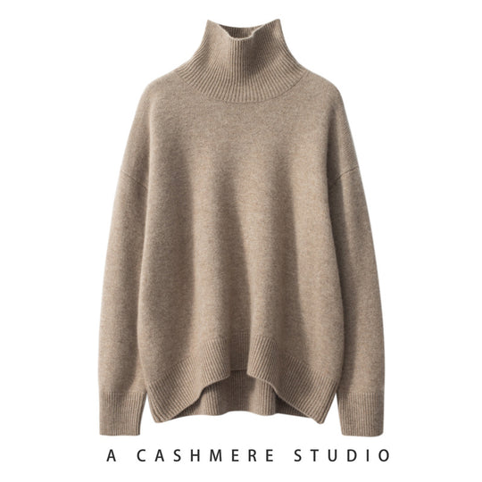 Damen-Kaschmirpullover, hoher Kragen, lockere Passform