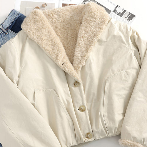 Damen-Winterjacke mit Revers, Lammfell-Optik, gefüttert