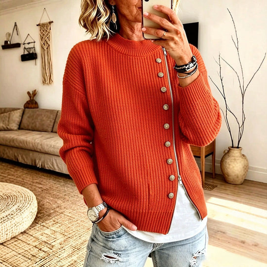 Damen-Strickpullover mit asymmetrischem Reißverschluss