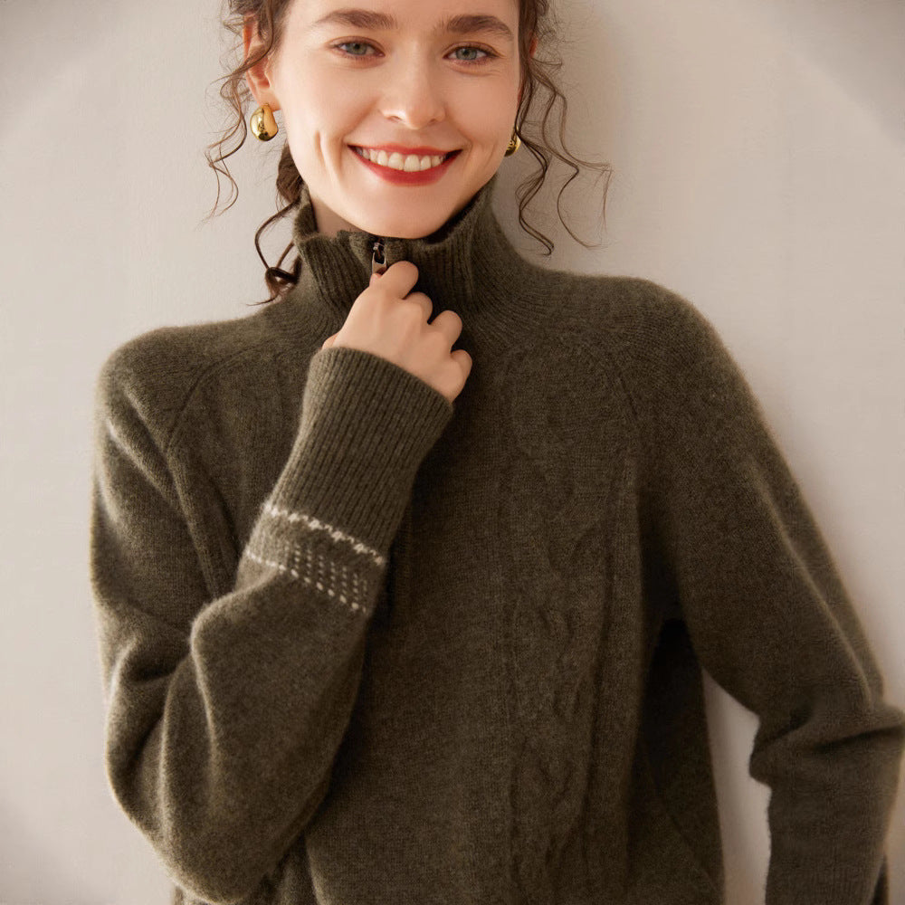 Damen-Kaschmirpullover mit Stehkragen und Reißverschluss