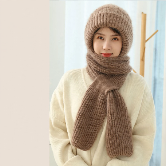 Gefütterte Strickmütze mit Schal für Damen