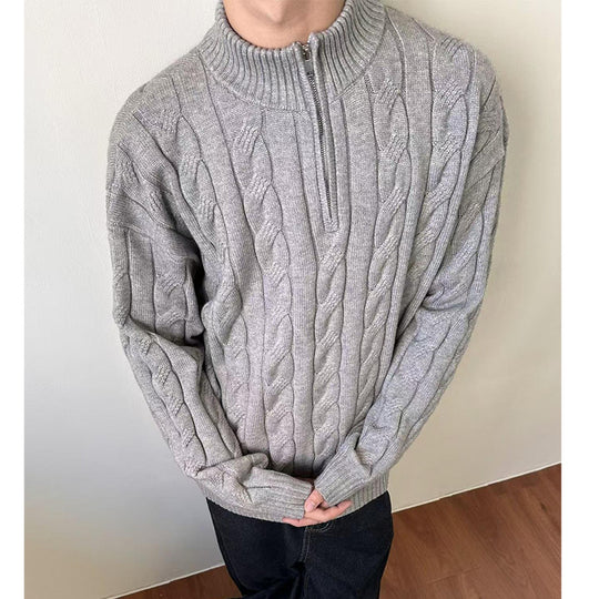 Herren-Strickpullover mit Zopfmuster und Reißverschluss