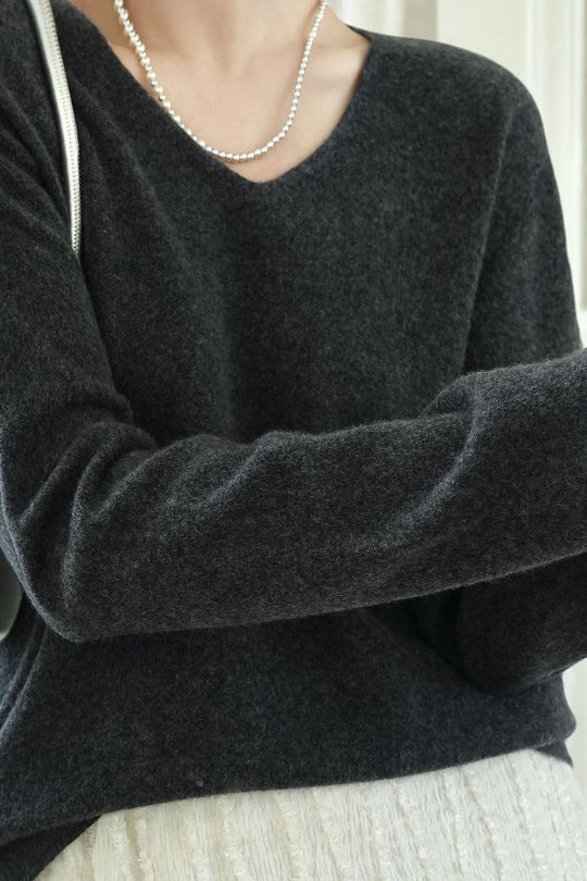 Damen-Wollpullover, V-Ausschnitt, lockere Passform