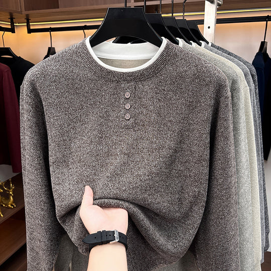 Herren-Strickpullover, Rundhalsausschnitt, Langarm, Fake-Layer-Optik
