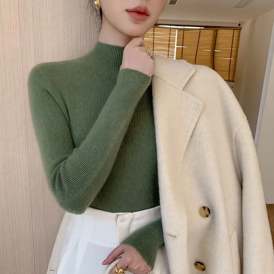 Damen-Woll-Strickpullover, Stehkragen, schmal geschnitten