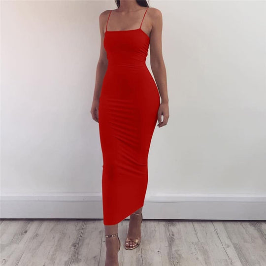 Bodycon Kleid Midi Länge Spaghettiträger Elegant und Figurbetont