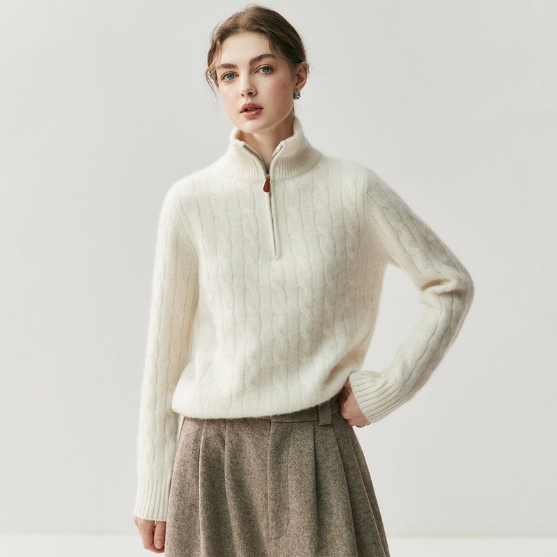 Damen-Strickpullover mit Reißverschluss und Zopfmuster