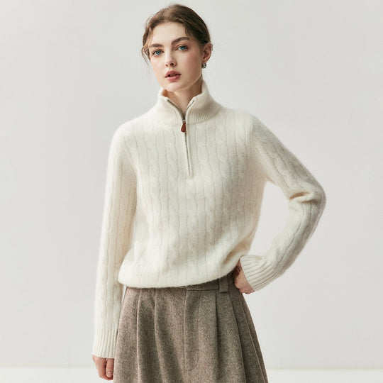 Damen-Strickpullover mit Reißverschluss und Zopfmuster