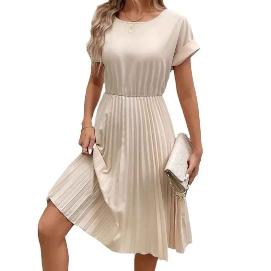 Einfarbig Plissierter Kurzarmkleid