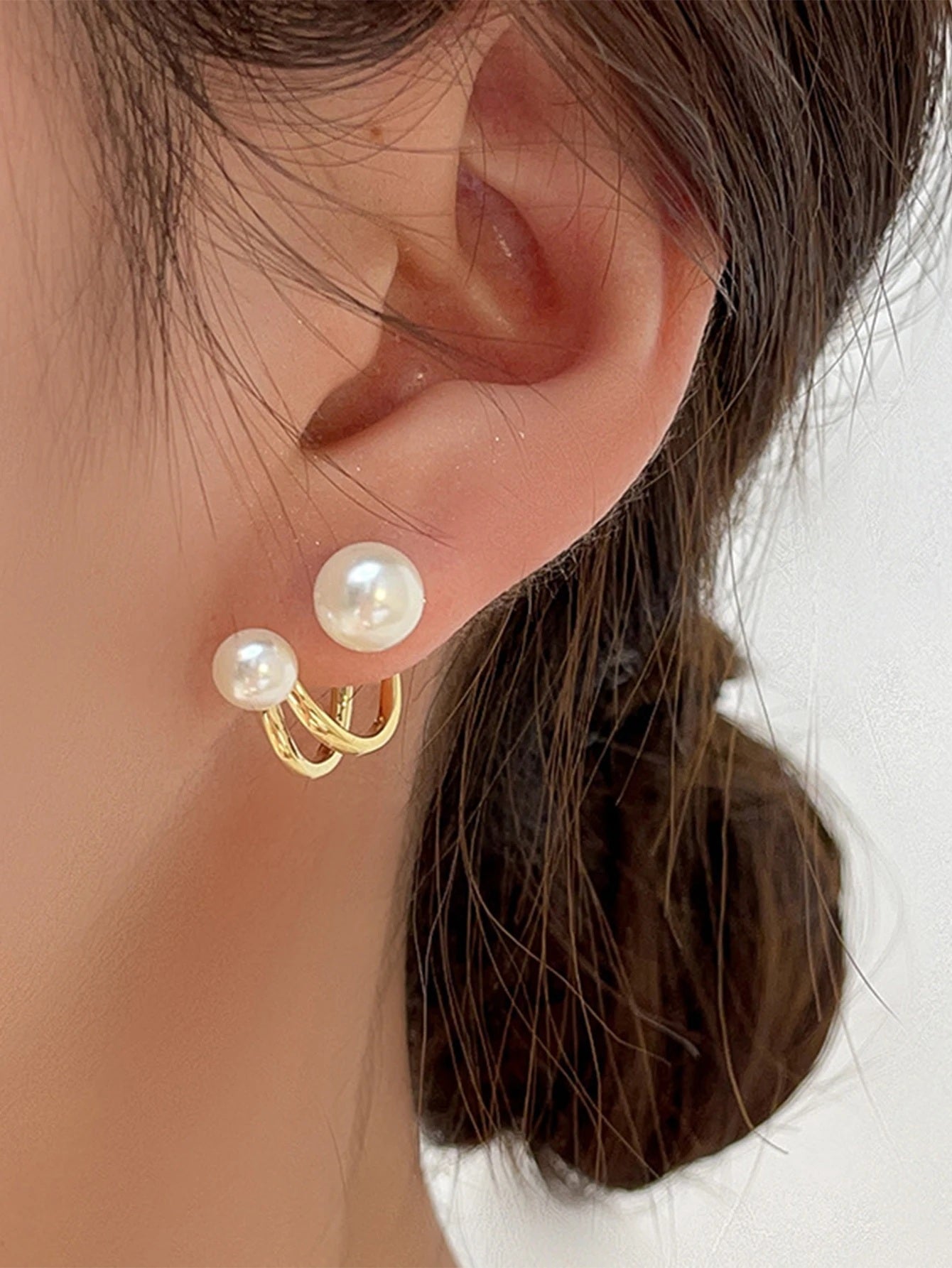 Damen Gold Doppelseitige Simulierte Perlen Doppelschicht0 Haken Stud Ohrringe | Shop Nory