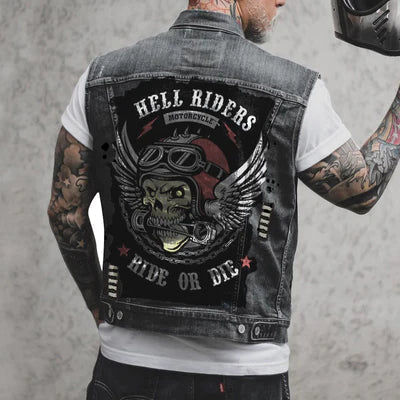 Herren Motorrad-Denimweste mit Motorrad- und Skelettdruck