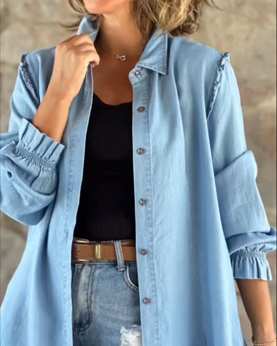 Shopnory | Lässige Lange Denim Hemd Baumwolle Komfortabel und Entspannt