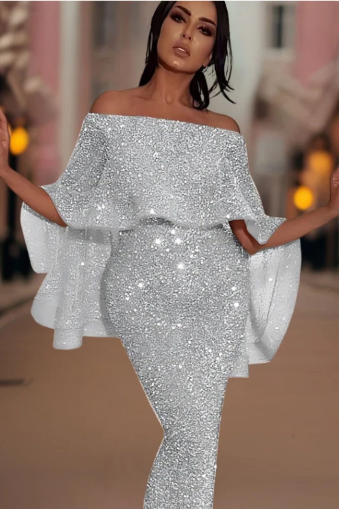 Off-Shoulder Glitzer Maxi Kleid