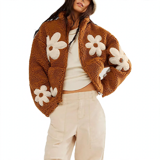 Lammfell-Imitat Strickjacke mit Blumenstickerei