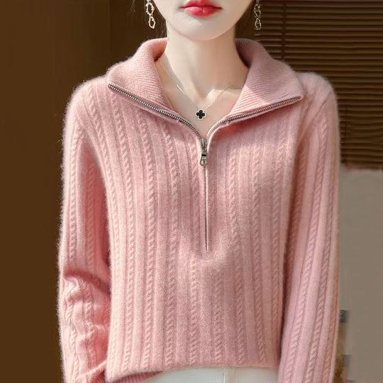 Damen-Strickpullover mit Zopfmuster und Reißverschluss