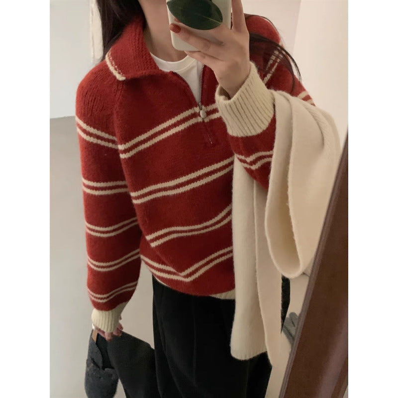Damen-Strickpullover mit Reißverschluss und Streifenmuster
