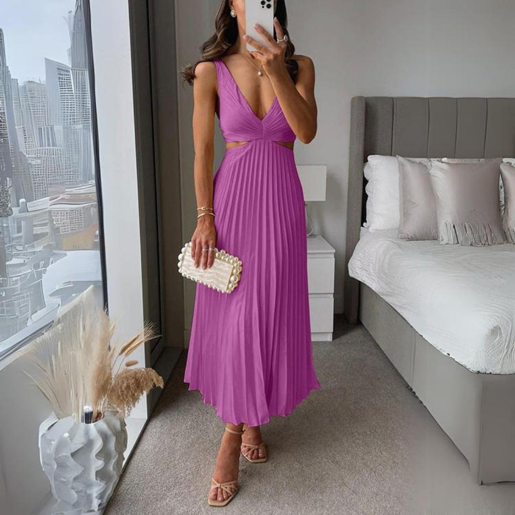 ShopNory | Midi Kleid Ärmellos V-Ausschnitt Twist Front & Cut Out Detail Plissierter Rock