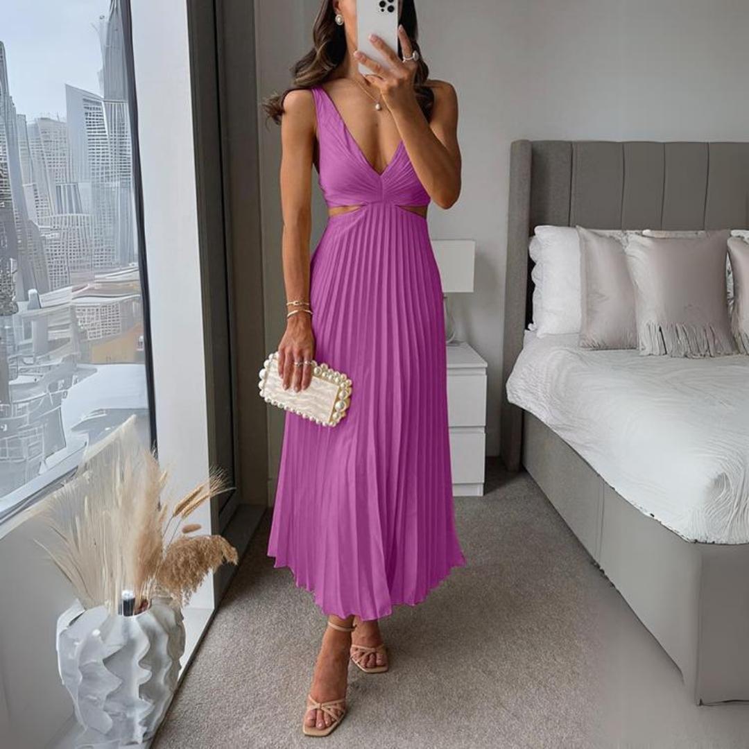 ShopNory | Midi Kleid Ärmellos V-Ausschnitt Twist Front & Cut Out Detail Plissierter Rock