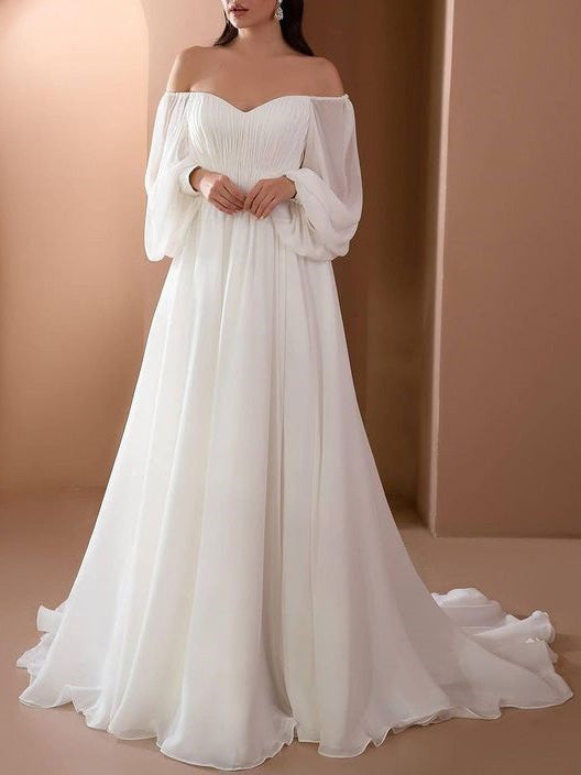 Romantisches Off-Shoulder Langarm Weißes Brautkleid für Hochzeit | ShopNory