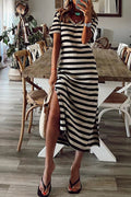 Gestreiftes Patchwork-Freizeitkleid mit V-Ausschnitt und kurzen Ärmeln