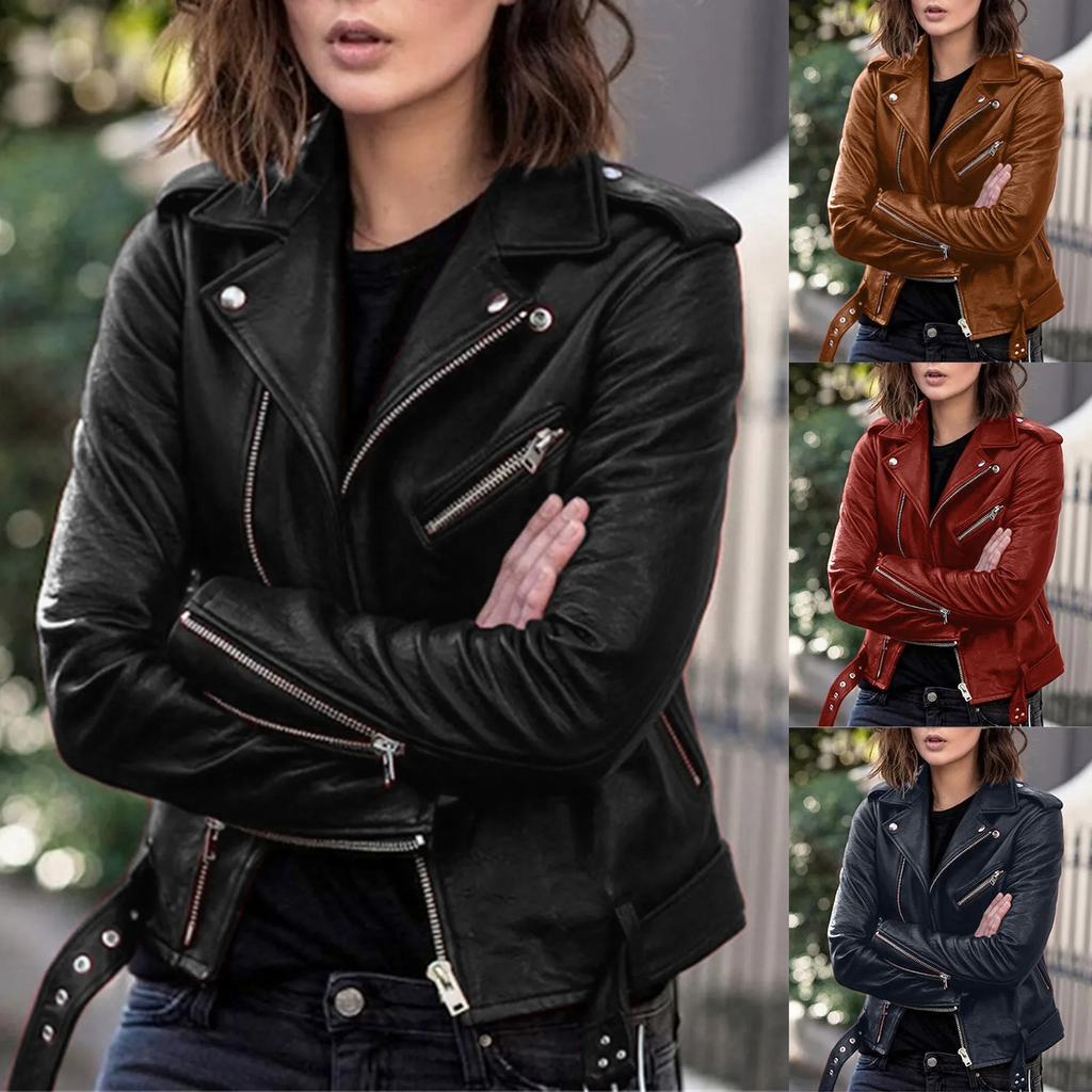 jacke Damen Biker Modell mit Gürtel und Reißverschlussdetails