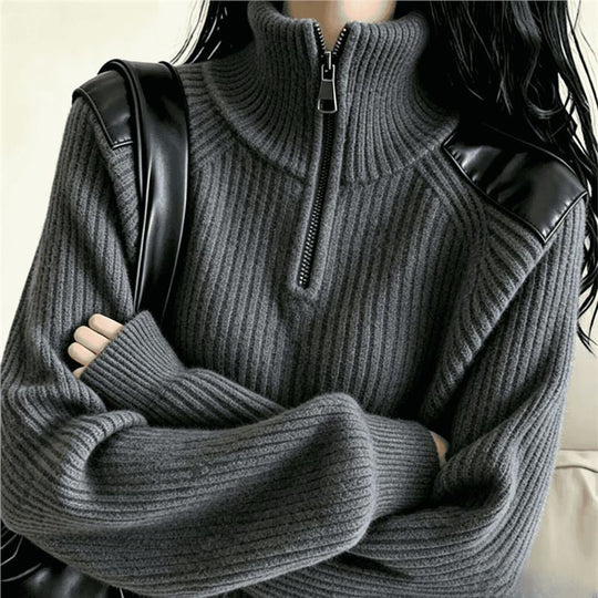 Damen-Strickpullover mit Reißverschluss und Stehkragen
