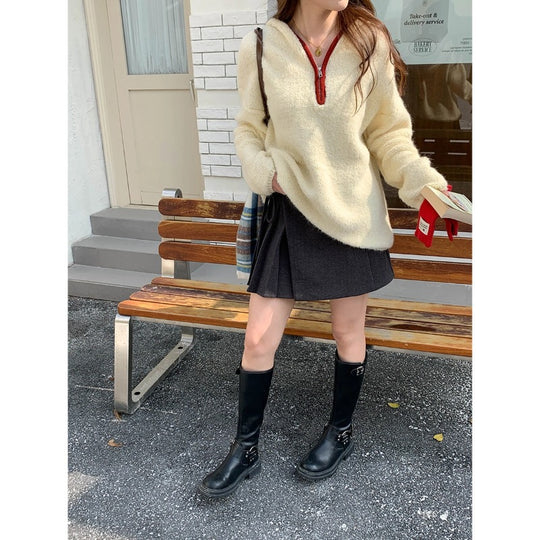 Lässiger Strickpullover mit Reißverschluss und Fleece-Optik