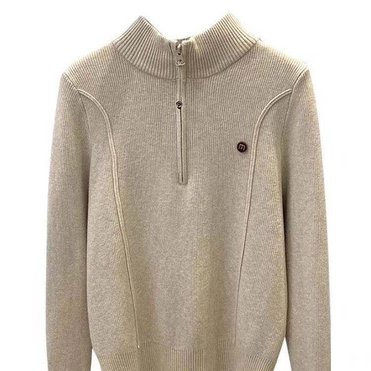 Gefütterter Damen-Strickpullover mit Reißverschluss und Stehkragen