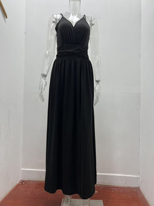 V-Ausschnitt Hosenträger ärmellos sexy rückenfreies farblich passendes Kleid