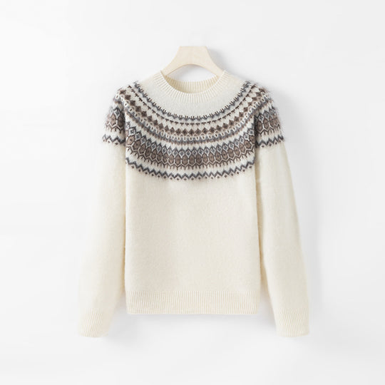 Damen-Wollpullover mit Reißverschluss und Jacquard-Muster