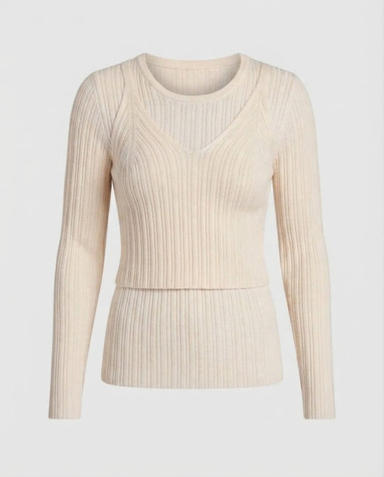 Damen Lagen-Look geripptes Feinstrick-Longsleeve mit integriertem Spaghettiträger-Cami Shop Nory
