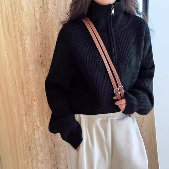 Amerikanischer Retro-Strickpullover mit halbem Reißverschluss