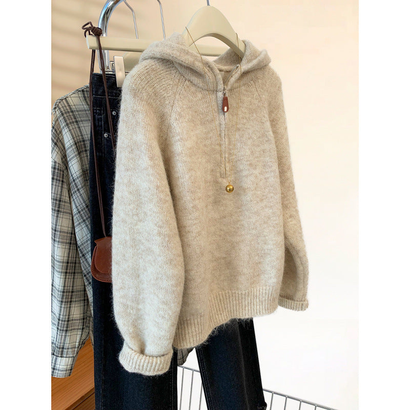 Damen-Strickpullover mit Kapuze und halbem Reißverschluss
