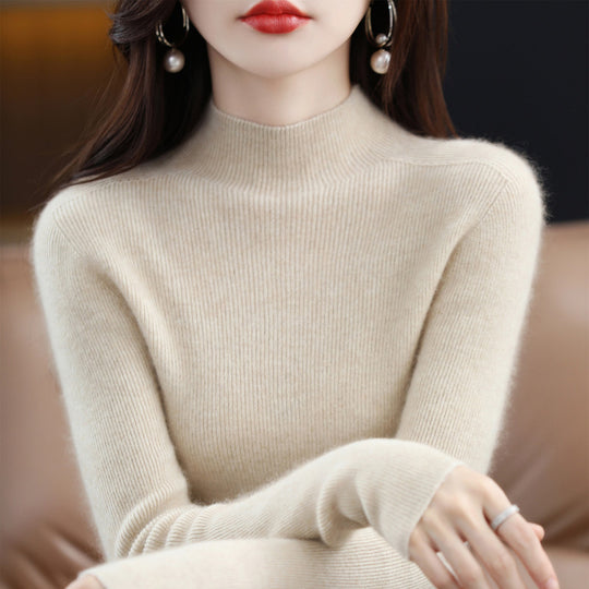 Damen-Kaschmirpullover, nahtlos, 100% Wolle, Stehkragen